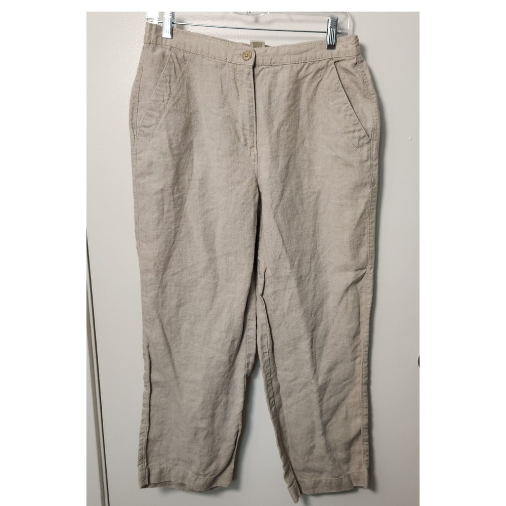 LL Bean Womens Cropped Straight Classic Fit Linen Pants Elastic Waist Size 10